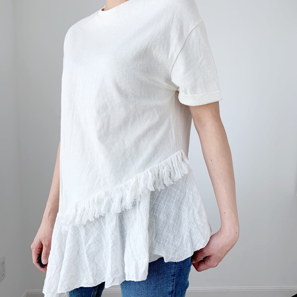 ZARA WHITE ASYMMETRIC HEM FRINGES TOP - SIZE M MADE IN PORTUGAL